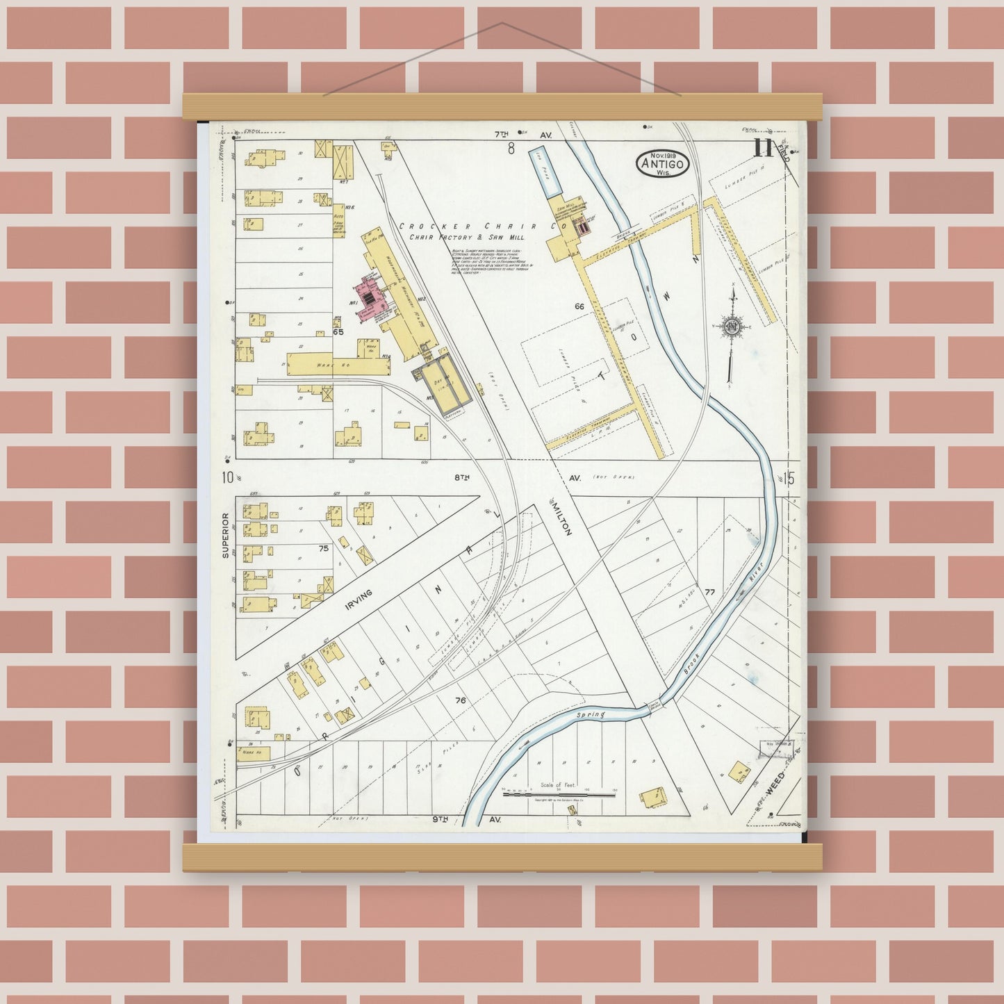 Old map wall art mockup — magnetic wood frame on brick wall — Sanborn Fire Insurance Map from Antigo, Langlade County, Wisconsin (1919), Sheet #0011