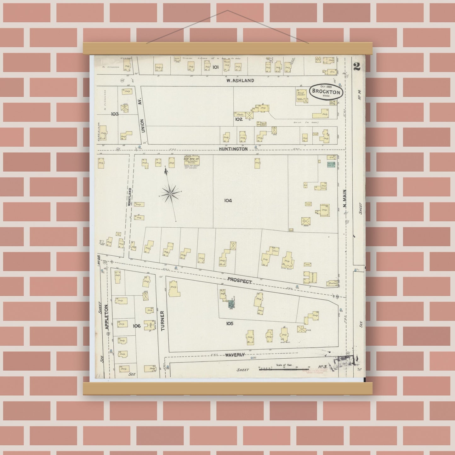 Old map wall art mockup — magnetic wood frame on brick wall — Sanborn Fire Insurance Map from Brockton, Plymouth County, Massachusetts (1889), Sheet #0002
