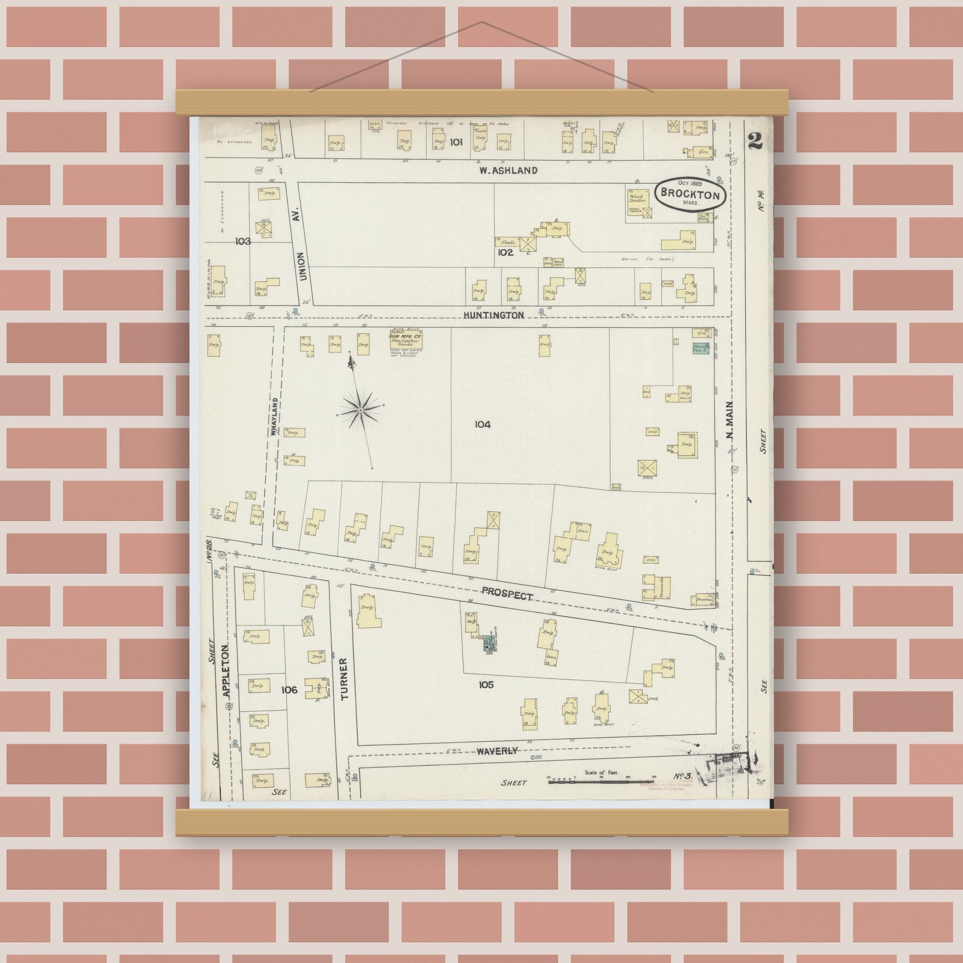 Old map wall art mockup — magnetic wood frame on brick wall — Sanborn Fire Insurance Map from Brockton, Plymouth County, Massachusetts (1889), Sheet #0002