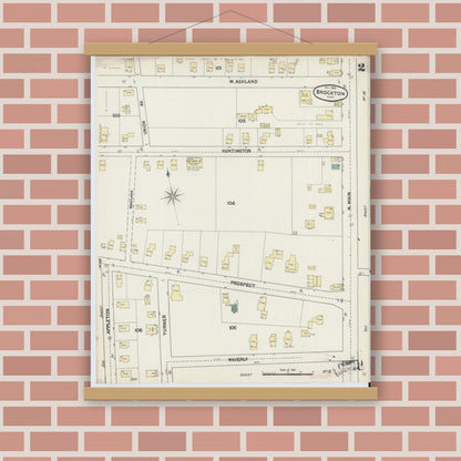 Old map wall art mockup — magnetic wood frame on brick wall — Sanborn Fire Insurance Map from Brockton, Plymouth County, Massachusetts (1889), Sheet #0002
