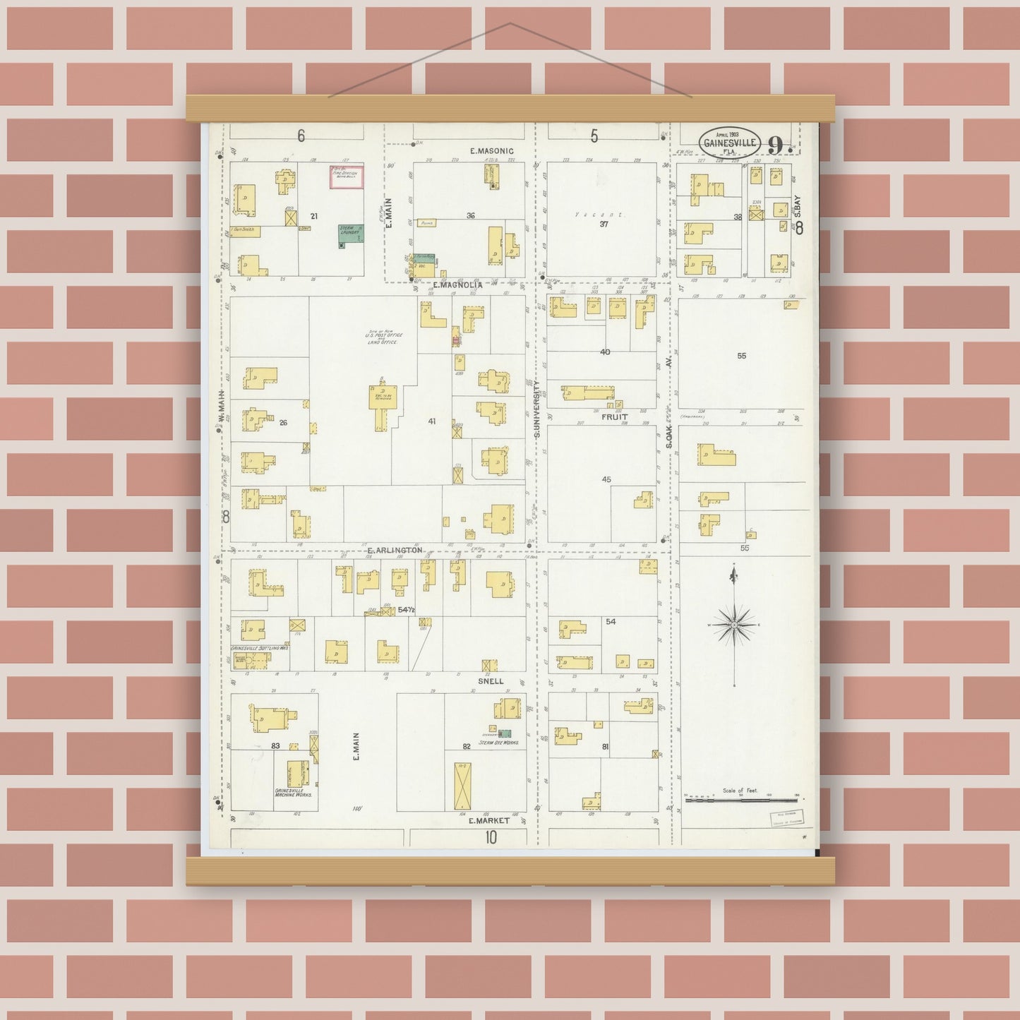 Old map wall art mockup — magnetic wood frame on brick wall — Sanborn Fire Insurance Map from Gainesville, Alachua County, Florida (1903), Sheet #0009