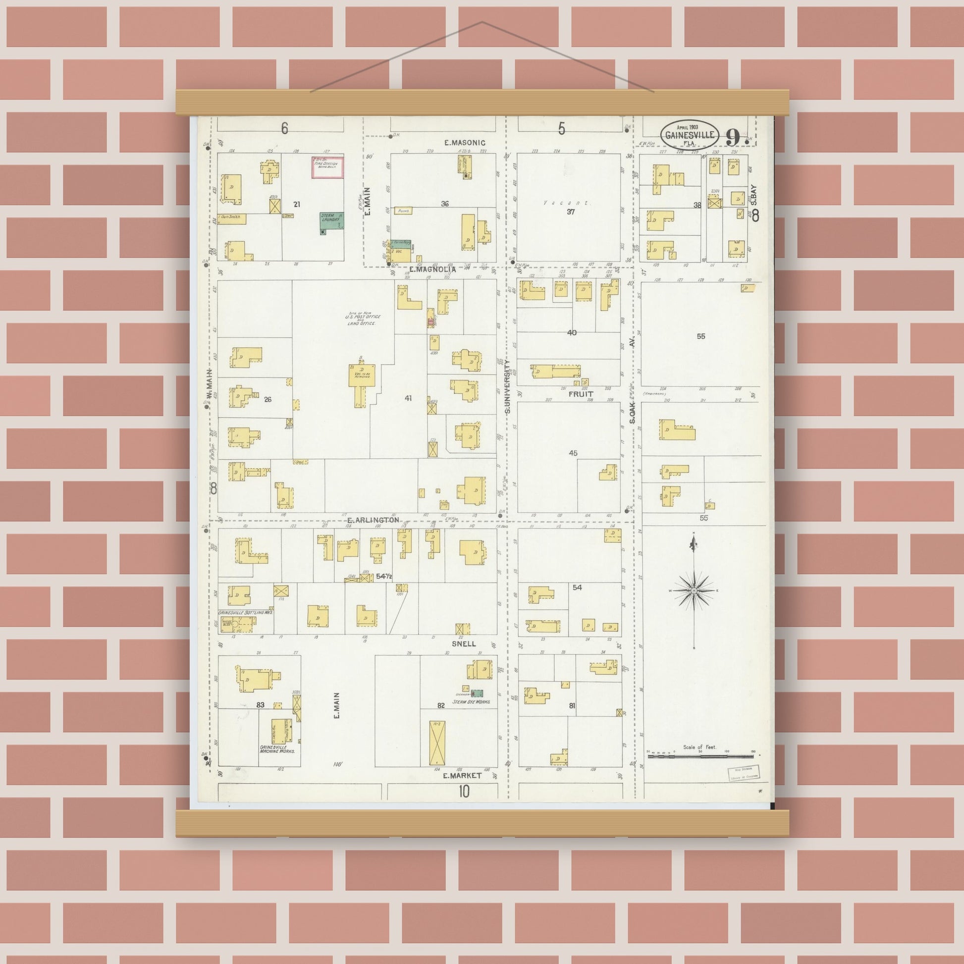 Old map wall art mockup — magnetic wood frame on brick wall — Sanborn Fire Insurance Map from Gainesville, Alachua County, Florida (1903), Sheet #0009