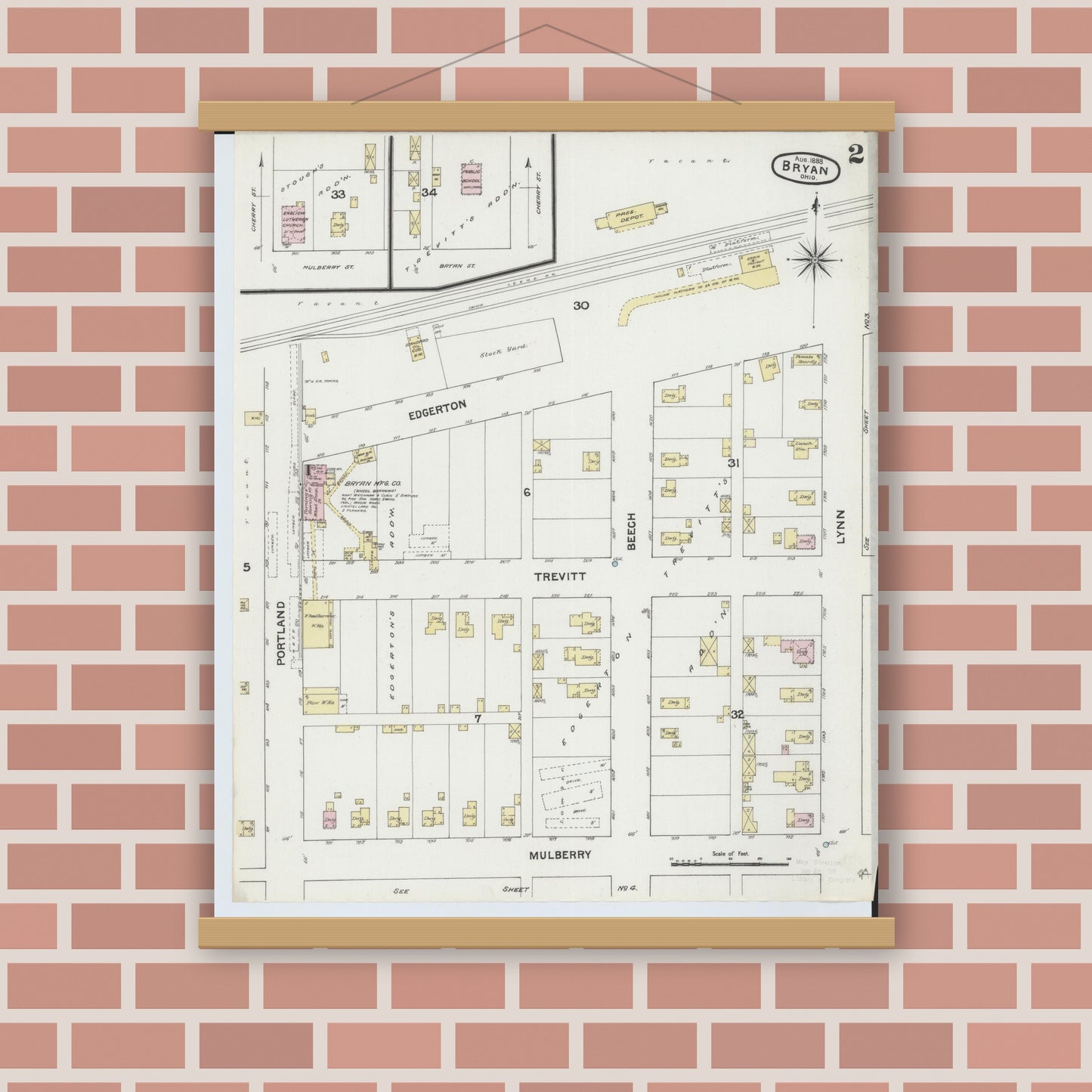 Old map wall art mockup — magnetic wood frame on brick wall — Sanborn Fire Insurance Map from Bryan, Williams County, Ohio (1888), Sheet #0002