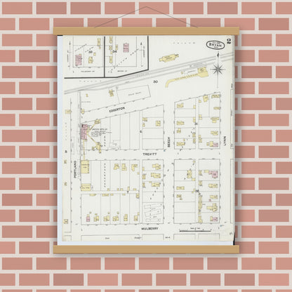 Old map wall art mockup — magnetic wood frame on brick wall — Sanborn Fire Insurance Map from Bryan, Williams County, Ohio (1888), Sheet #0002