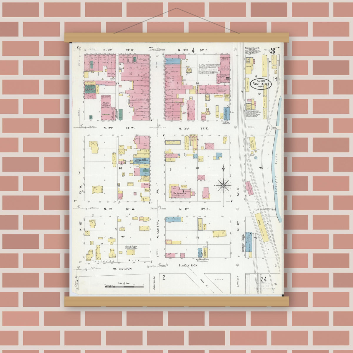 Old map wall art mockup — magnetic wood frame on brick wall — Sanborn Fire Insurance Map from Faribault, Rice County, Minnesota (1909), Sheet #0003