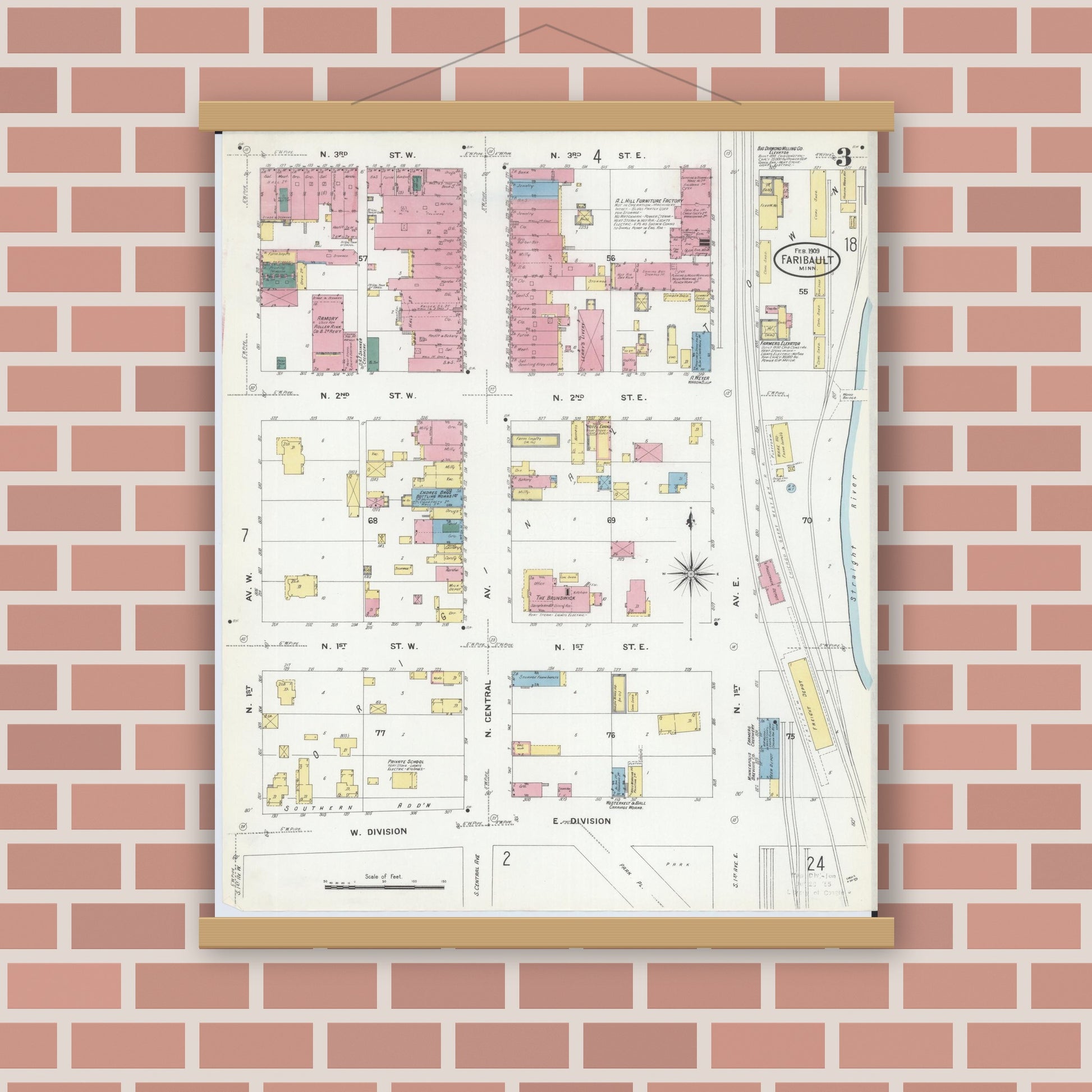 Old map wall art mockup — magnetic wood frame on brick wall — Sanborn Fire Insurance Map from Faribault, Rice County, Minnesota (1909), Sheet #0003