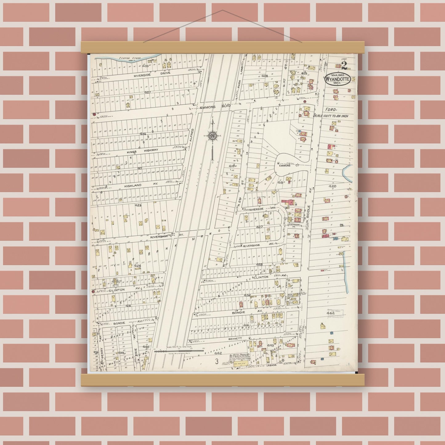 Old map wall art mockup — magnetic wood frame on brick wall — Sanborn Fire Insurance Map from Wyandotte, Wayne County, Michigan (1922), Sheet #0002