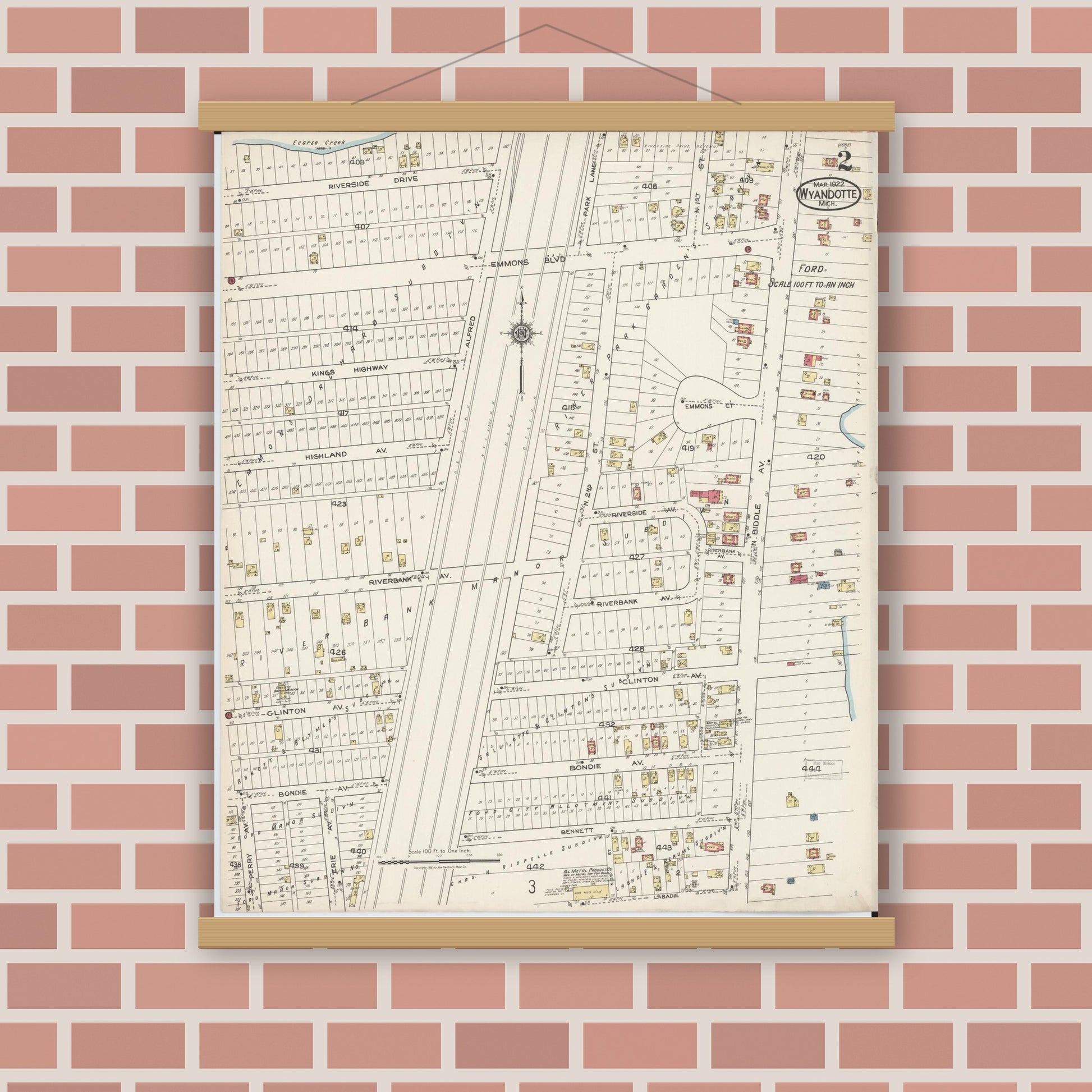 Old map wall art mockup — magnetic wood frame on brick wall — Sanborn Fire Insurance Map from Wyandotte, Wayne County, Michigan (1922), Sheet #0002