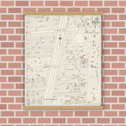 Old map wall art mockup — magnetic wood frame on brick wall — Sanborn Fire Insurance Map from Wyandotte, Wayne County, Michigan (1922), Sheet #0002
