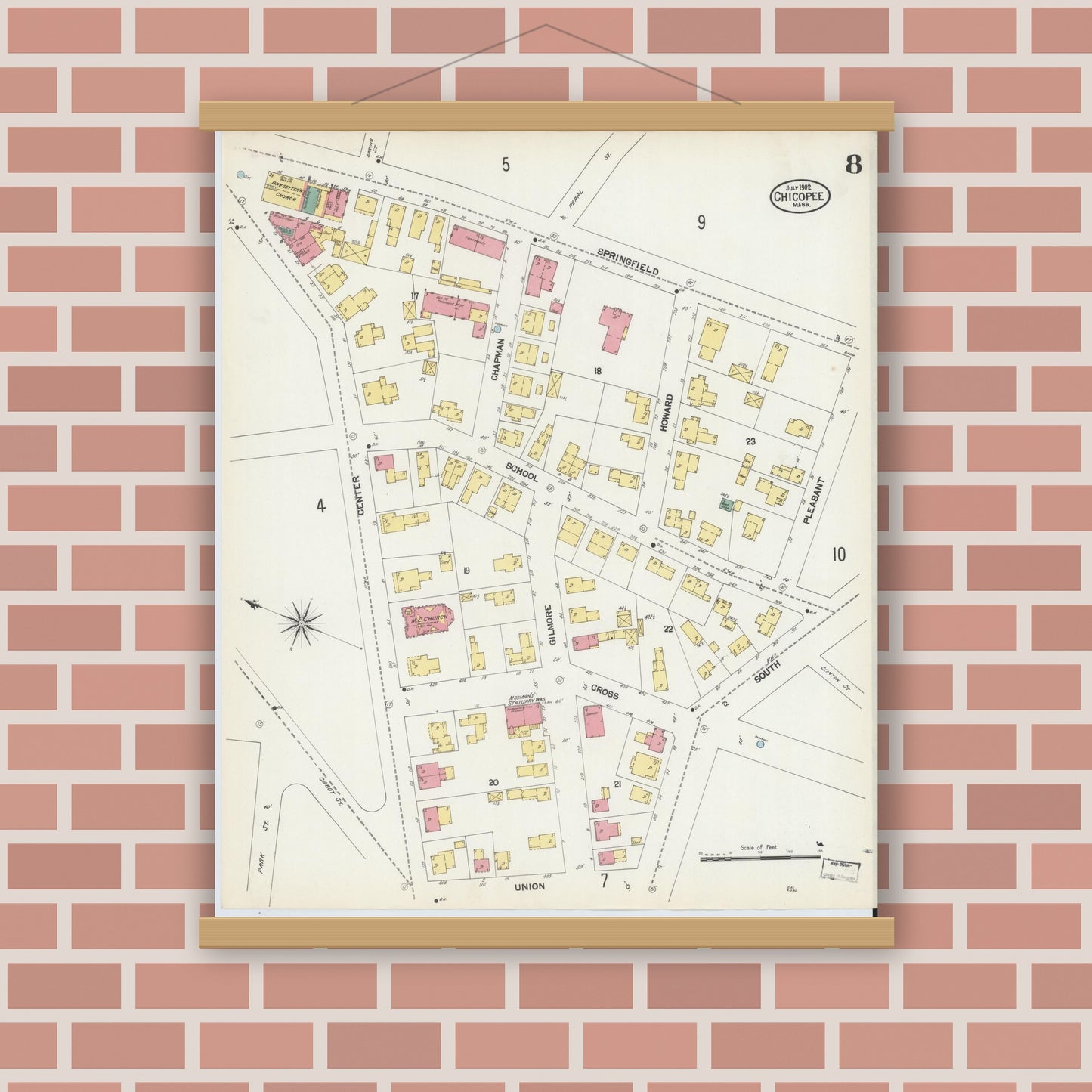 Old map wall art mockup — magnetic wood frame on brick wall — Sanborn Fire Insurance Map from Chicopee, Hampden County, Massachusetts (1902), Sheet #0008