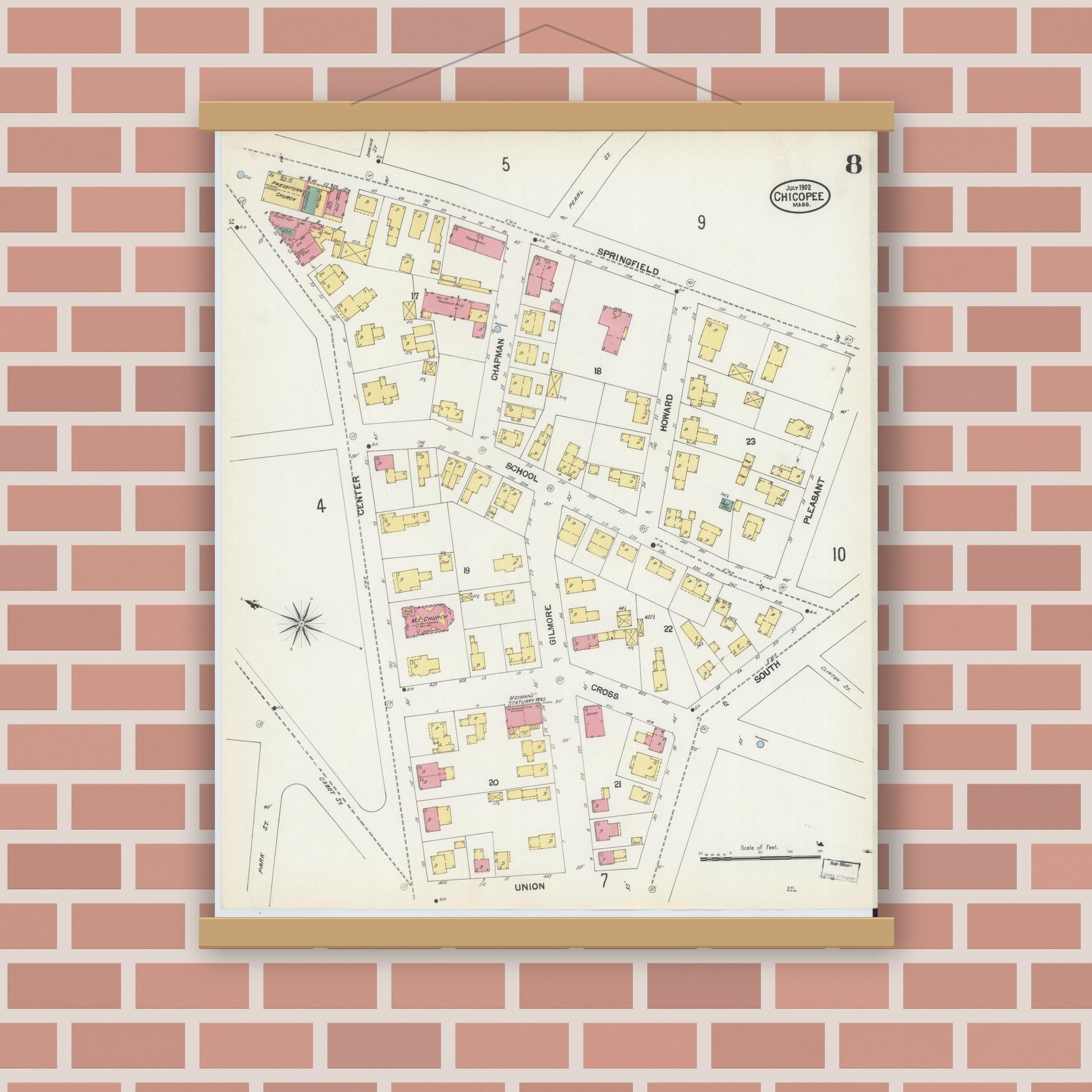 Old map wall art mockup — magnetic wood frame on brick wall — Sanborn Fire Insurance Map from Chicopee, Hampden County, Massachusetts (1902), Sheet #0008