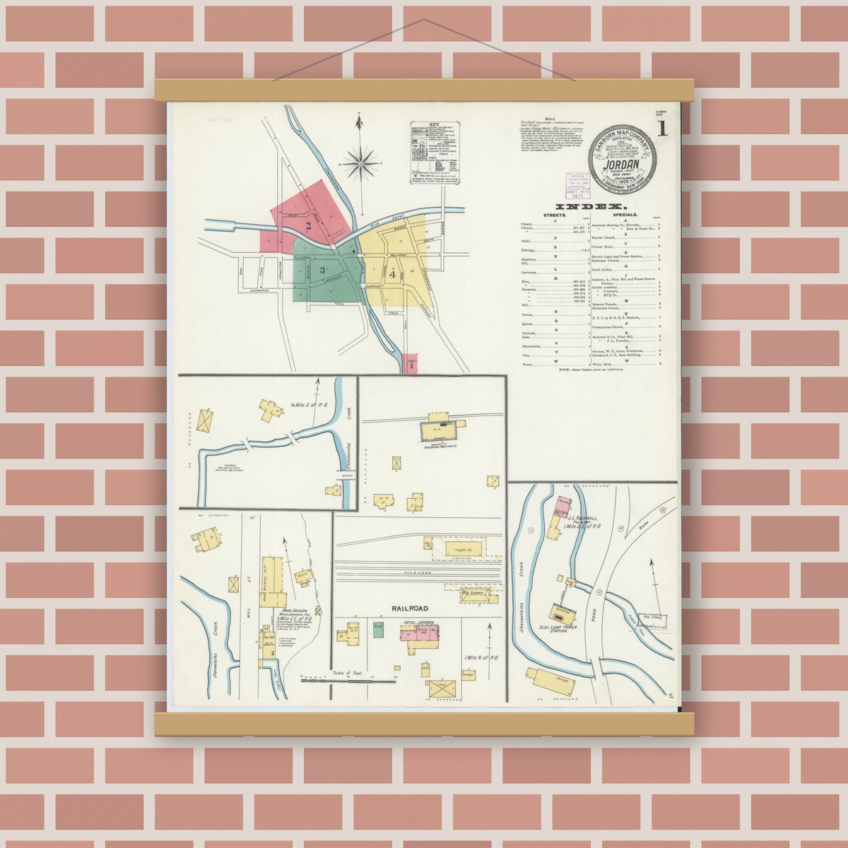 Old map wall art mockup — magnetic wood frame on brick wall — Sanborn Fire Insurance Map from Jordan, Onondaga County, New York (1904) - Complete Map Set