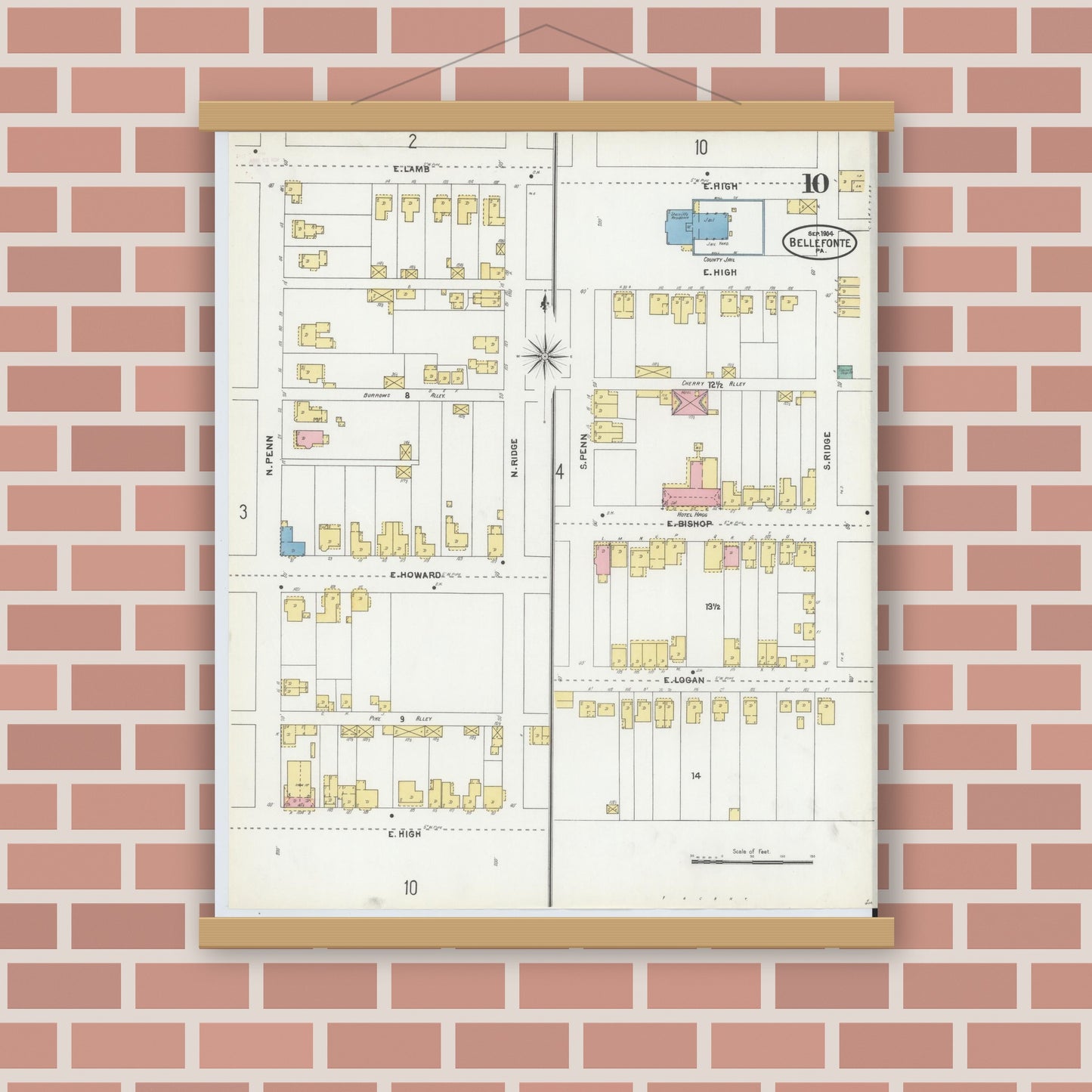 Old map wall art mockup — magnetic wood frame on brick wall — Sanborn Fire Insurance Map from Bellefonte, Centre County, Pennsylvania (1904), Sheet #0010