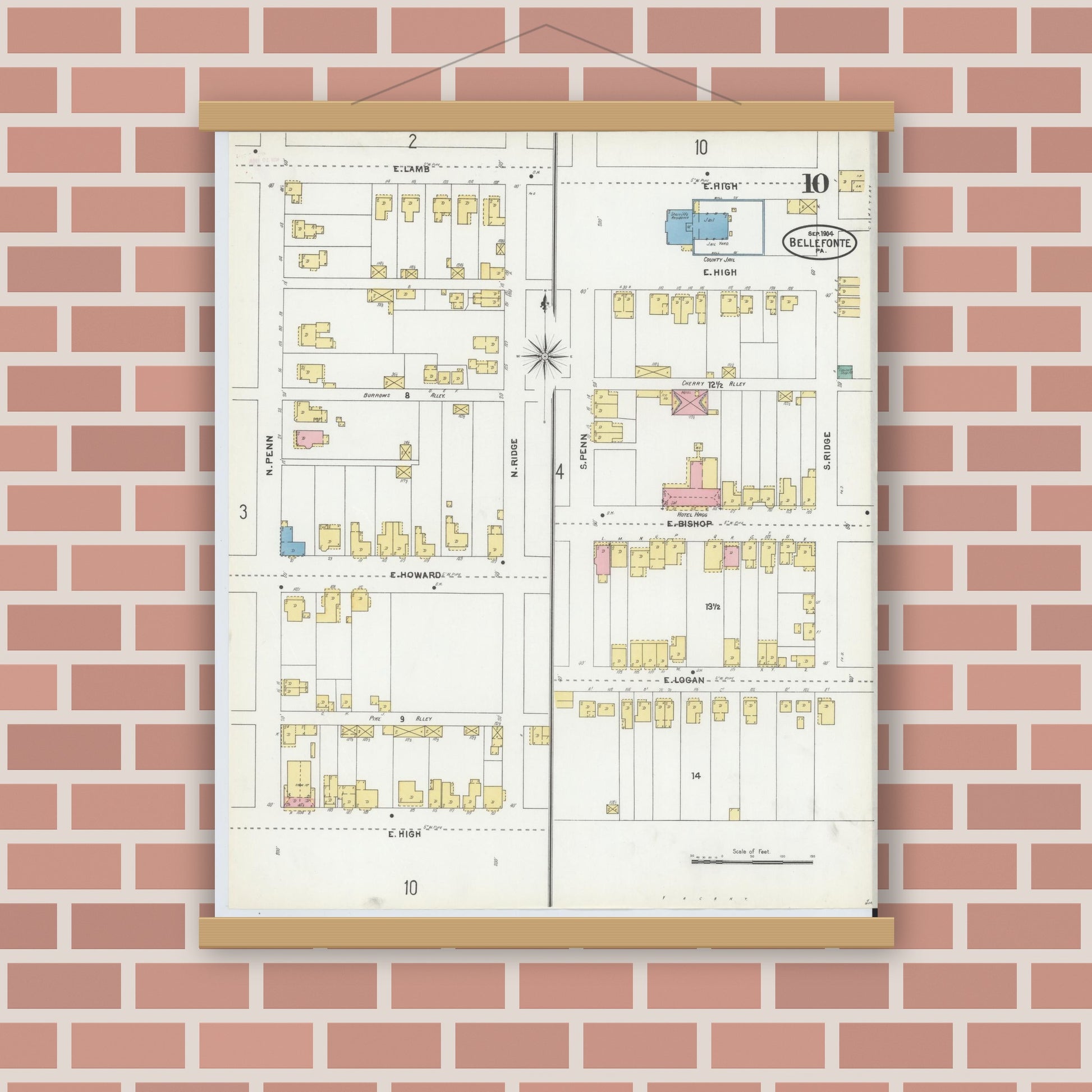 Old map wall art mockup — magnetic wood frame on brick wall — Sanborn Fire Insurance Map from Bellefonte, Centre County, Pennsylvania (1904), Sheet #0010