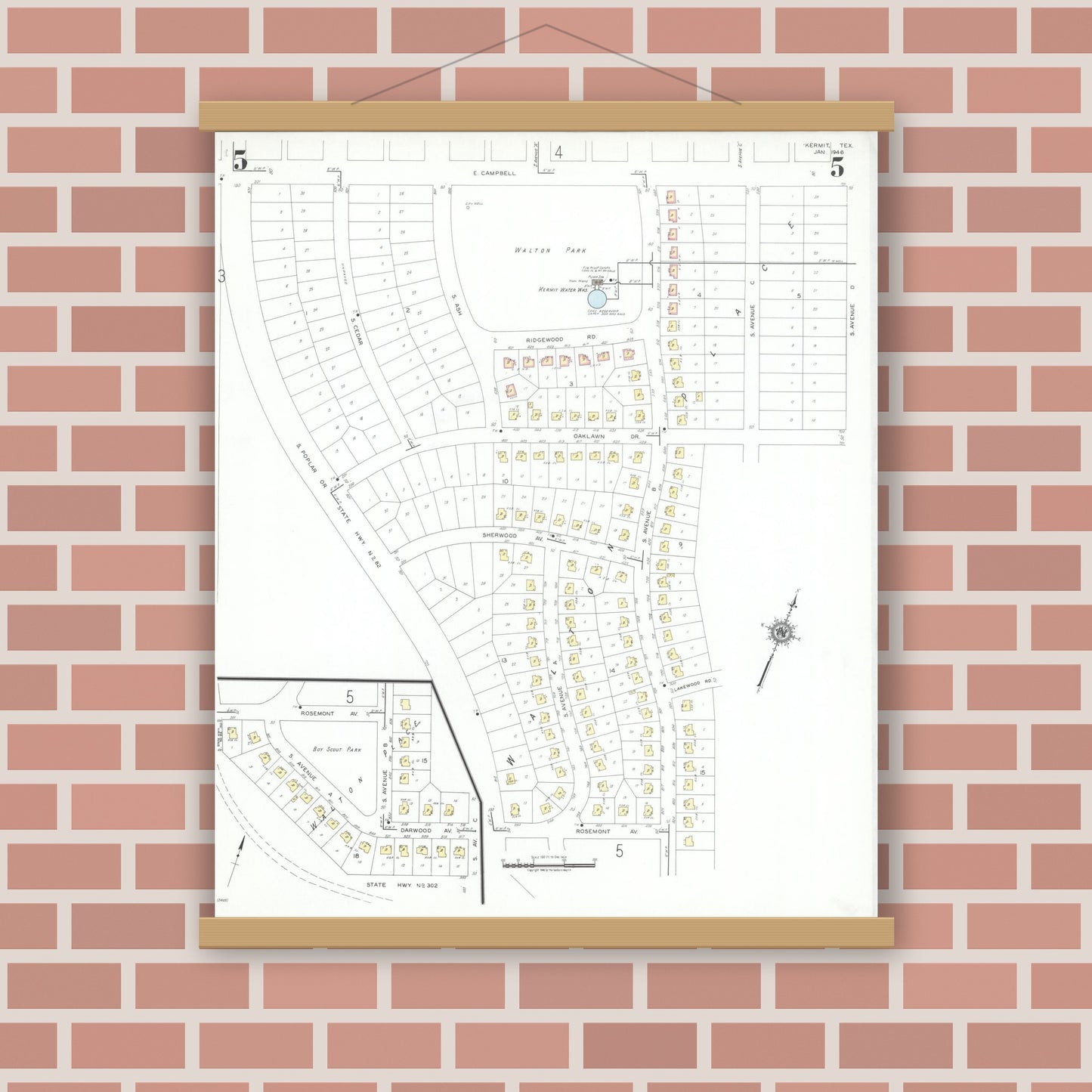 Old map wall art mockup — magnetic wood frame on brick wall — Sanborn Fire Insurance Map from Kermit, Winkler County, Texas (1946), Sheet #0005