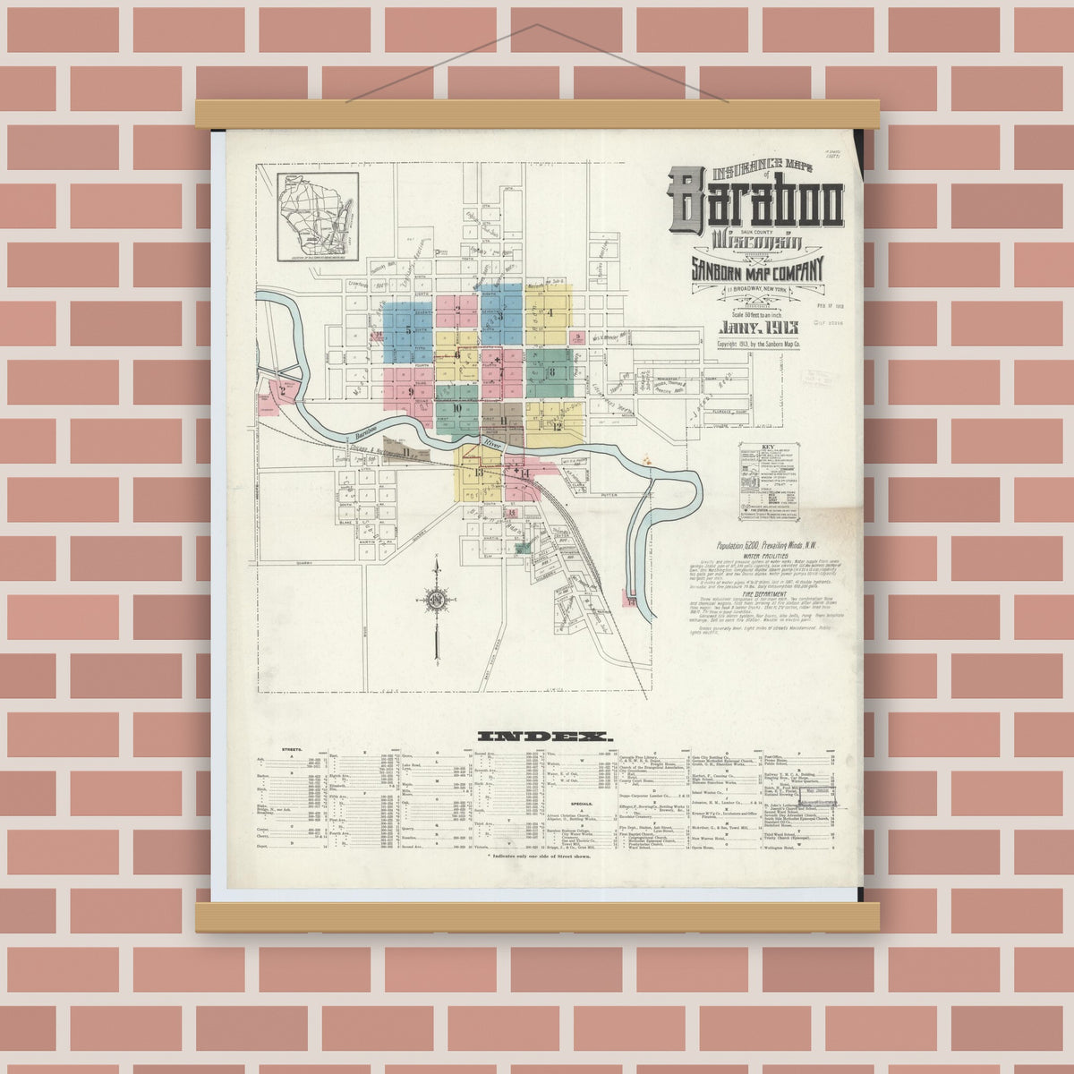 Old map wall art mockup — magnetic wood frame on brick wall — Sanborn Fire Insurance Map from Baraboo, Sauk County, Wisconsin (1913), Sheet #0001