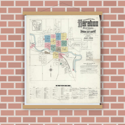 Old map wall art mockup — magnetic wood frame on brick wall — Sanborn Fire Insurance Map from Baraboo, Sauk County, Wisconsin (1913), Sheet #0001