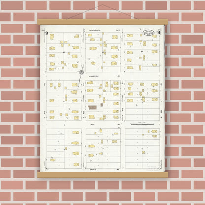 Old map wall art mockup — magnetic wood frame on brick wall — Sanborn Fire Insurance Map from Willmar, Kandiyohi County, Minnesota (1925), Sheet #0009
