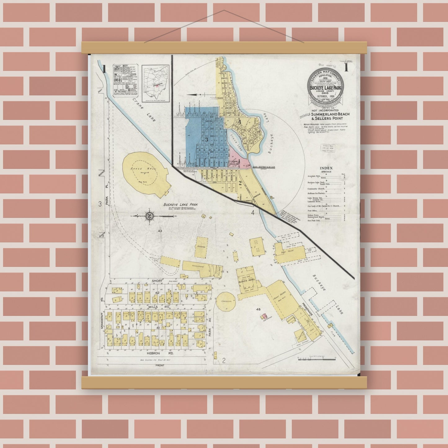 Old map wall art mockup — magnetic wood frame on brick wall — Sanborn Fire Insurance Map from Buckeye Lake, Licking County, Ohio (1929) - Complete Map Set