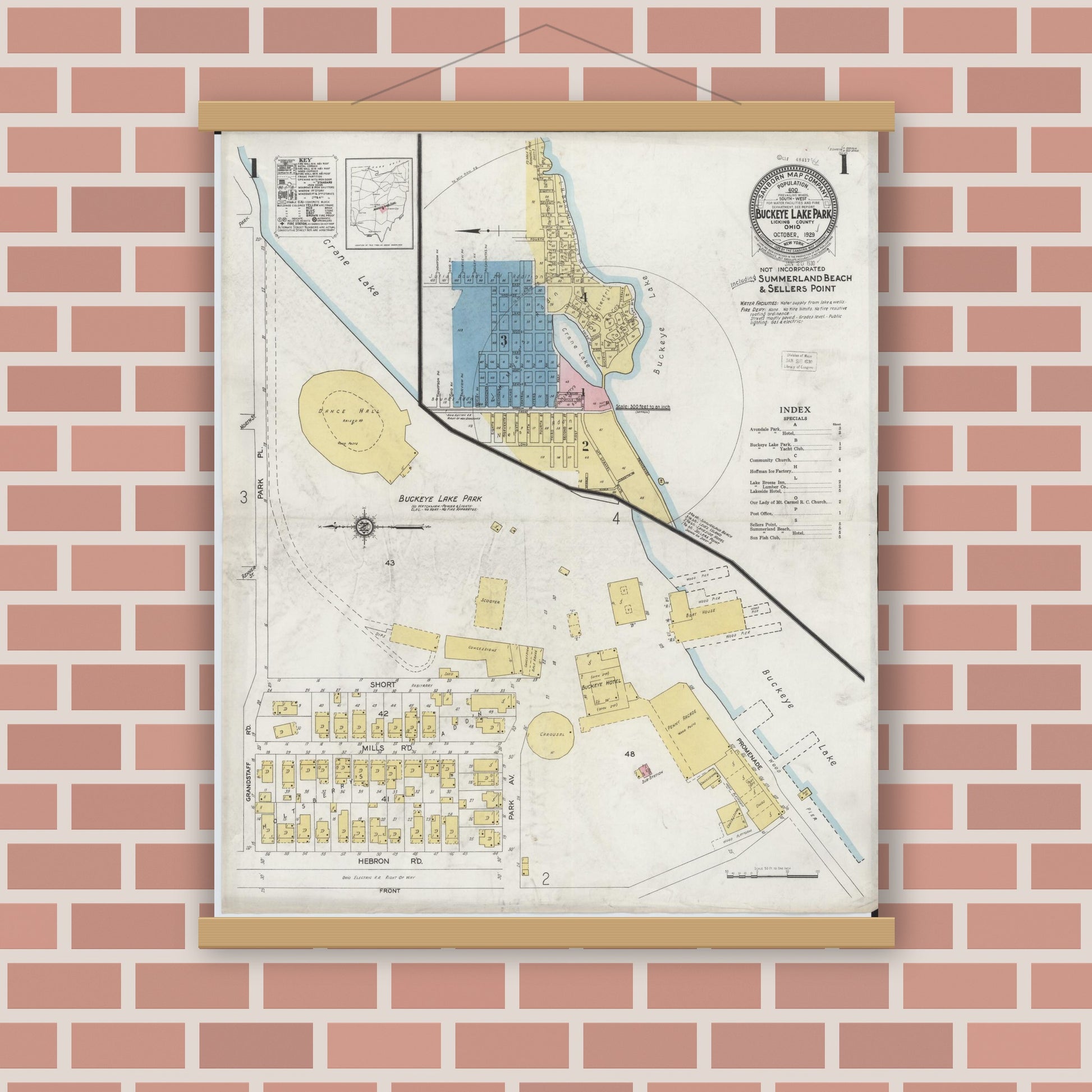 Old map wall art mockup — magnetic wood frame on brick wall — Sanborn Fire Insurance Map from Buckeye Lake, Licking County, Ohio (1929) - Complete Map Set