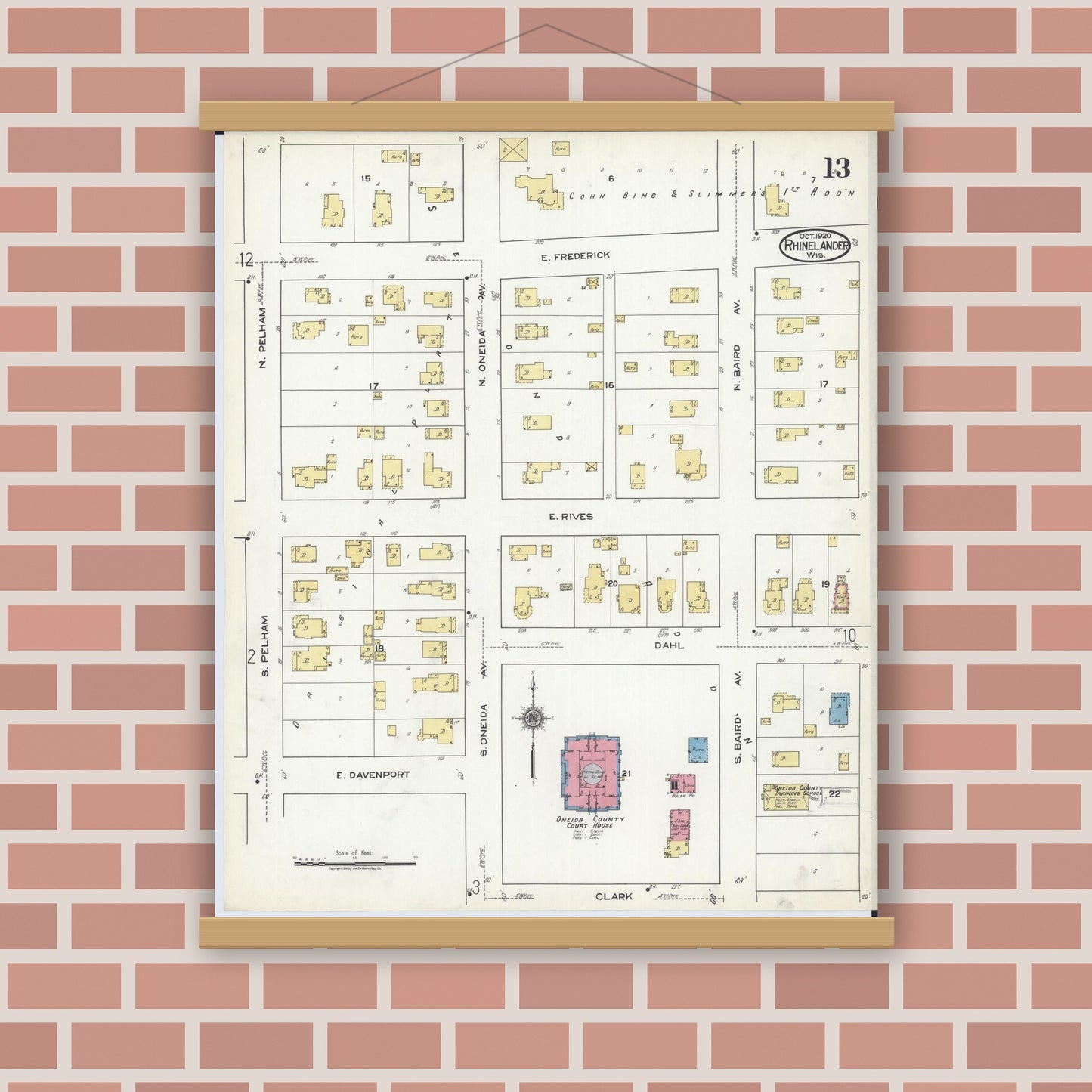 Old map wall art mockup — magnetic wood frame on brick wall — Sanborn Fire Insurance Map from Rhinelander, Oneida County, Wisconsin (1920), Sheet #0013