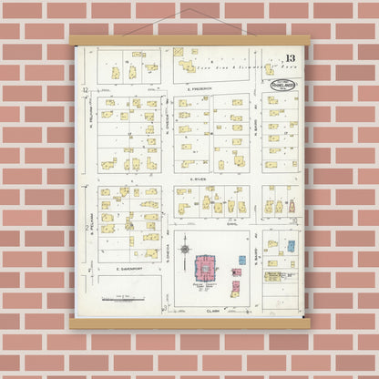 Old map wall art mockup — magnetic wood frame on brick wall — Sanborn Fire Insurance Map from Rhinelander, Oneida County, Wisconsin (1920), Sheet #0013