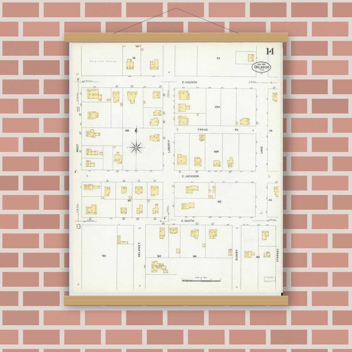 Old map wall art mockup — magnetic wood frame on brick wall — Sanborn Fire Insurance Map from Orlando, Orange County, Florida (1908), Sheet #0014