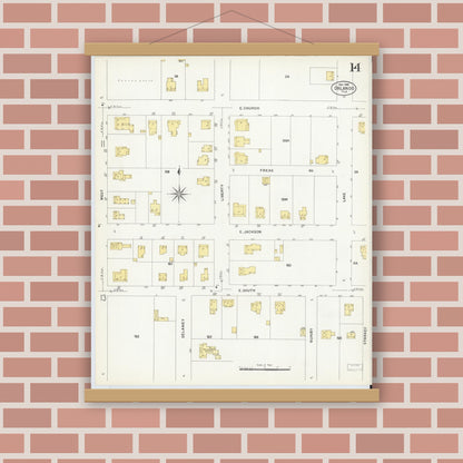 Old map wall art mockup — magnetic wood frame on brick wall — Sanborn Fire Insurance Map from Orlando, Orange County, Florida (1908), Sheet #0014