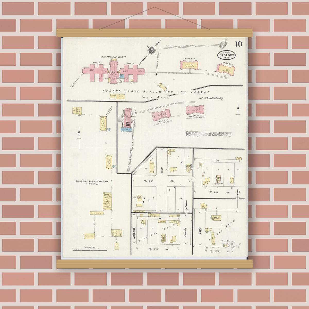 Old map wall art mockup — magnetic wood frame on brick wall — Sanborn Fire Insurance Map from Hastings, Dakota County, Minnesota (1911), Sheet #0010