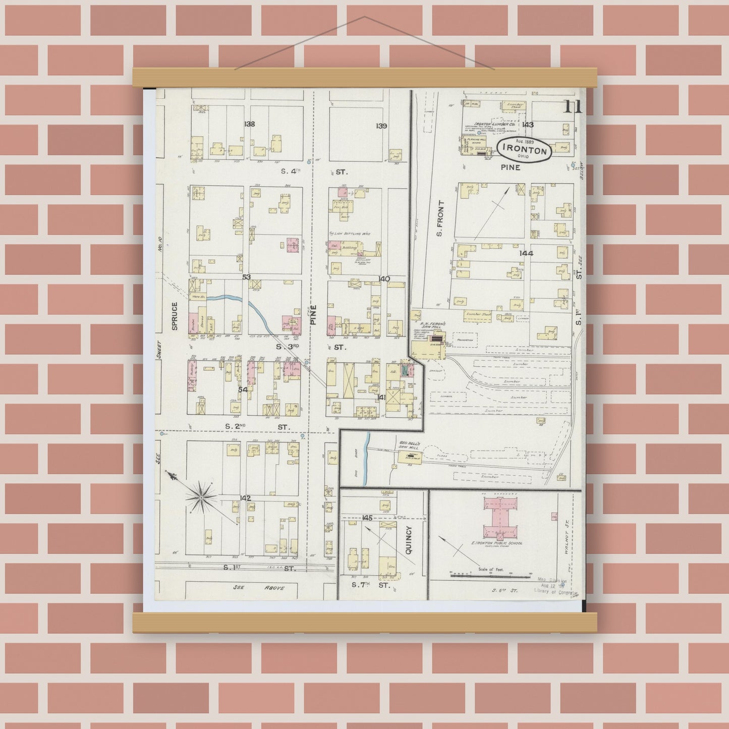 Old map wall art mockup — magnetic wood frame on brick wall — Sanborn Fire Insurance Map from Ironton, Lawrence County, Ohio (1889), Sheet #0011