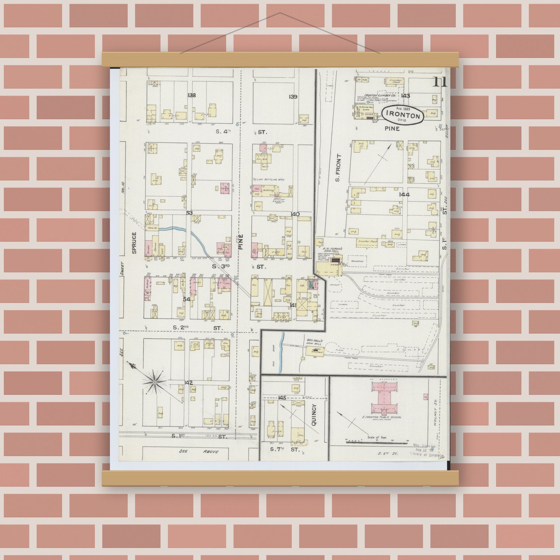 Old map wall art mockup — magnetic wood frame on brick wall — Sanborn Fire Insurance Map from Ironton, Lawrence County, Ohio (1889), Sheet #0011
