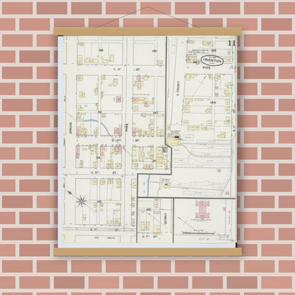 Old map wall art mockup — magnetic wood frame on brick wall — Sanborn Fire Insurance Map from Ironton, Lawrence County, Ohio (1889), Sheet #0011