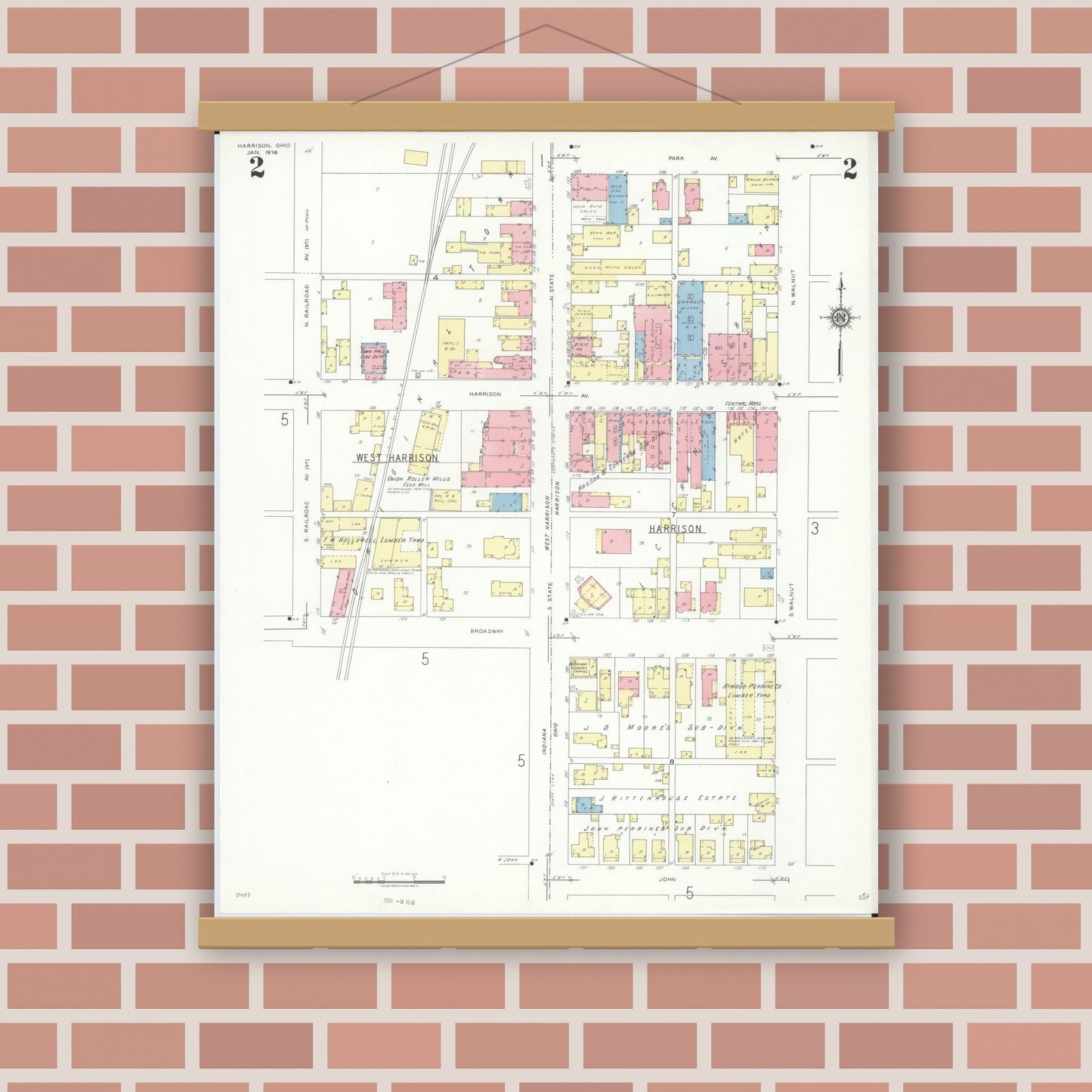 Old map wall art mockup — magnetic wood frame on brick wall — Sanborn Fire Insurance Map from Harrison, Hamilton County, Ohio (1938), Sheet #0002