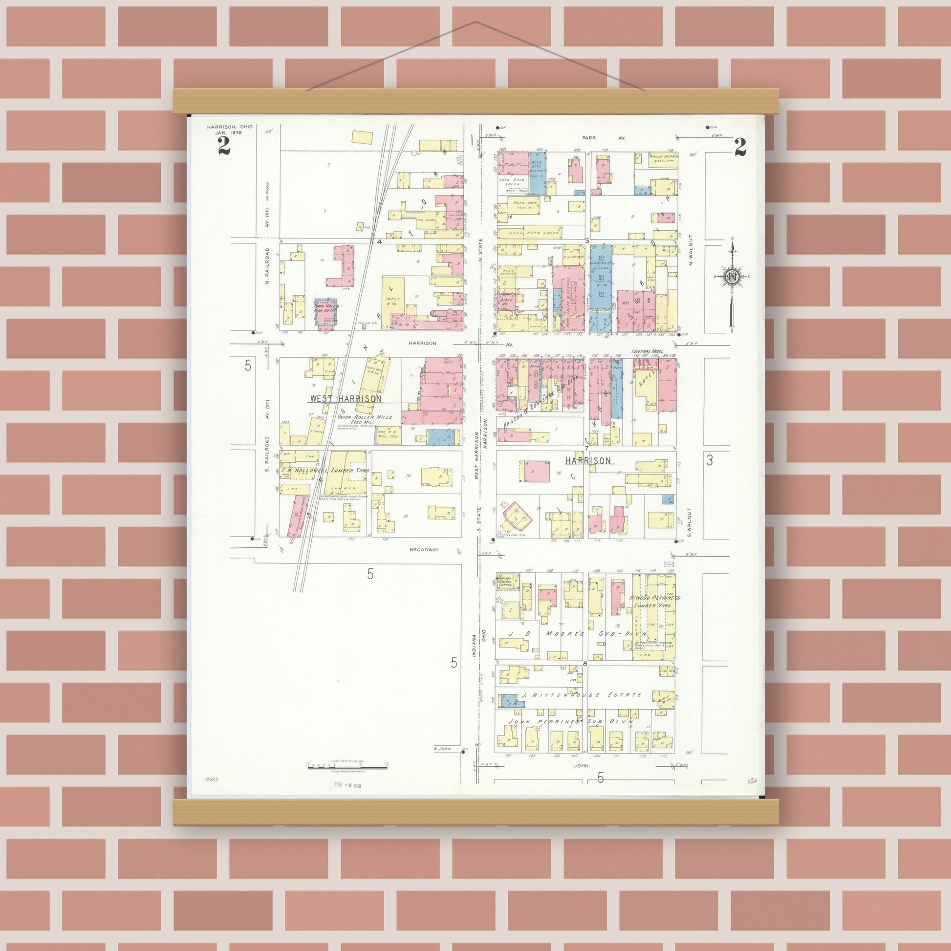 Old map wall art mockup — magnetic wood frame on brick wall — Sanborn Fire Insurance Map from Harrison, Hamilton County, Ohio (1938), Sheet #0002