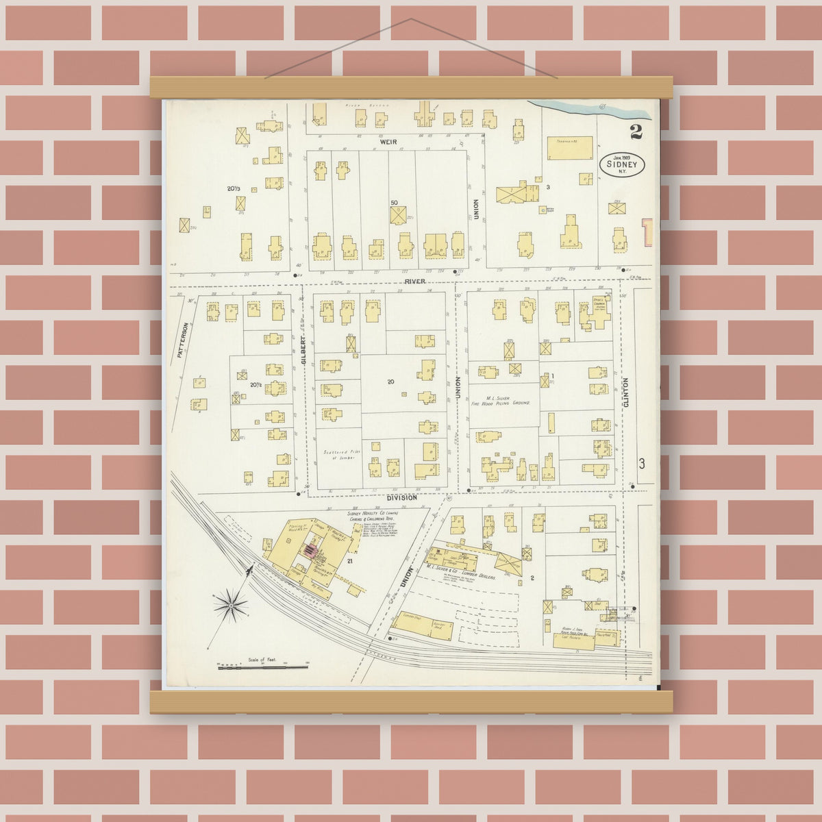 Old map wall art mockup — magnetic wood frame on brick wall — Sanborn Fire Insurance Map from Sidney, Delaware County, New York (1903), Sheet #0002