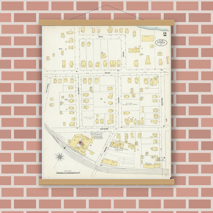 Old map wall art mockup — magnetic wood frame on brick wall — Sanborn Fire Insurance Map from Sidney, Delaware County, New York (1903), Sheet #0002
