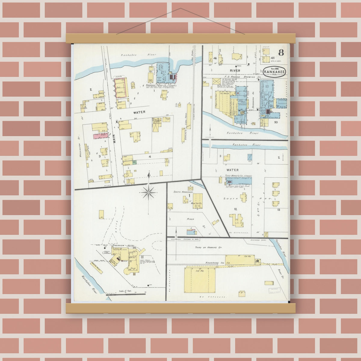 Old map wall art mockup — magnetic wood frame on brick wall — Sanborn Fire Insurance Map from Kankakee, Kankakee County, Illinois (1896), Sheet #0008