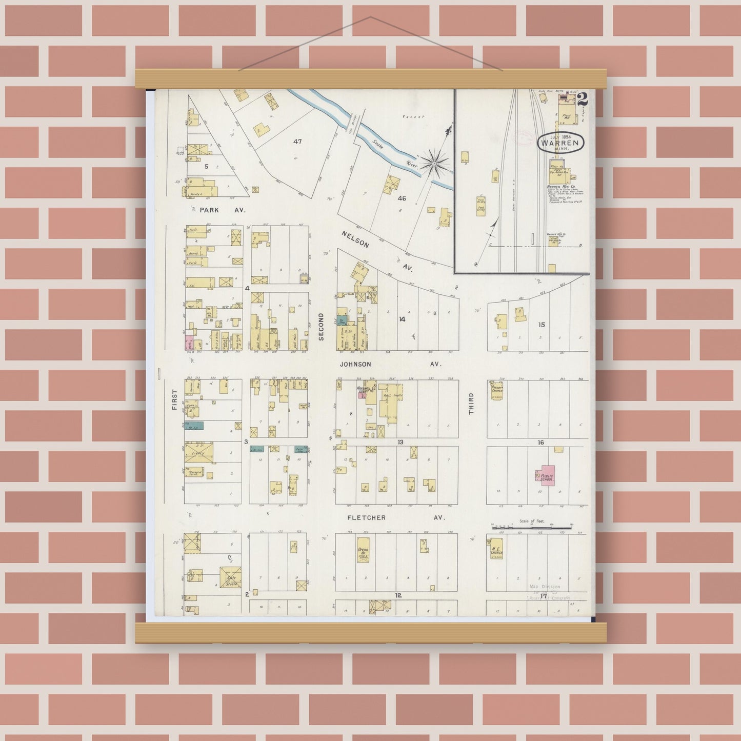 Old map wall art mockup — magnetic wood frame on brick wall — Sanborn Fire Insurance Map from Warren, Marshall County, Minnesota (1894), Sheet #0002