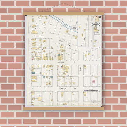 Old map wall art mockup — magnetic wood frame on brick wall — Sanborn Fire Insurance Map from Warren, Marshall County, Minnesota (1894), Sheet #0002