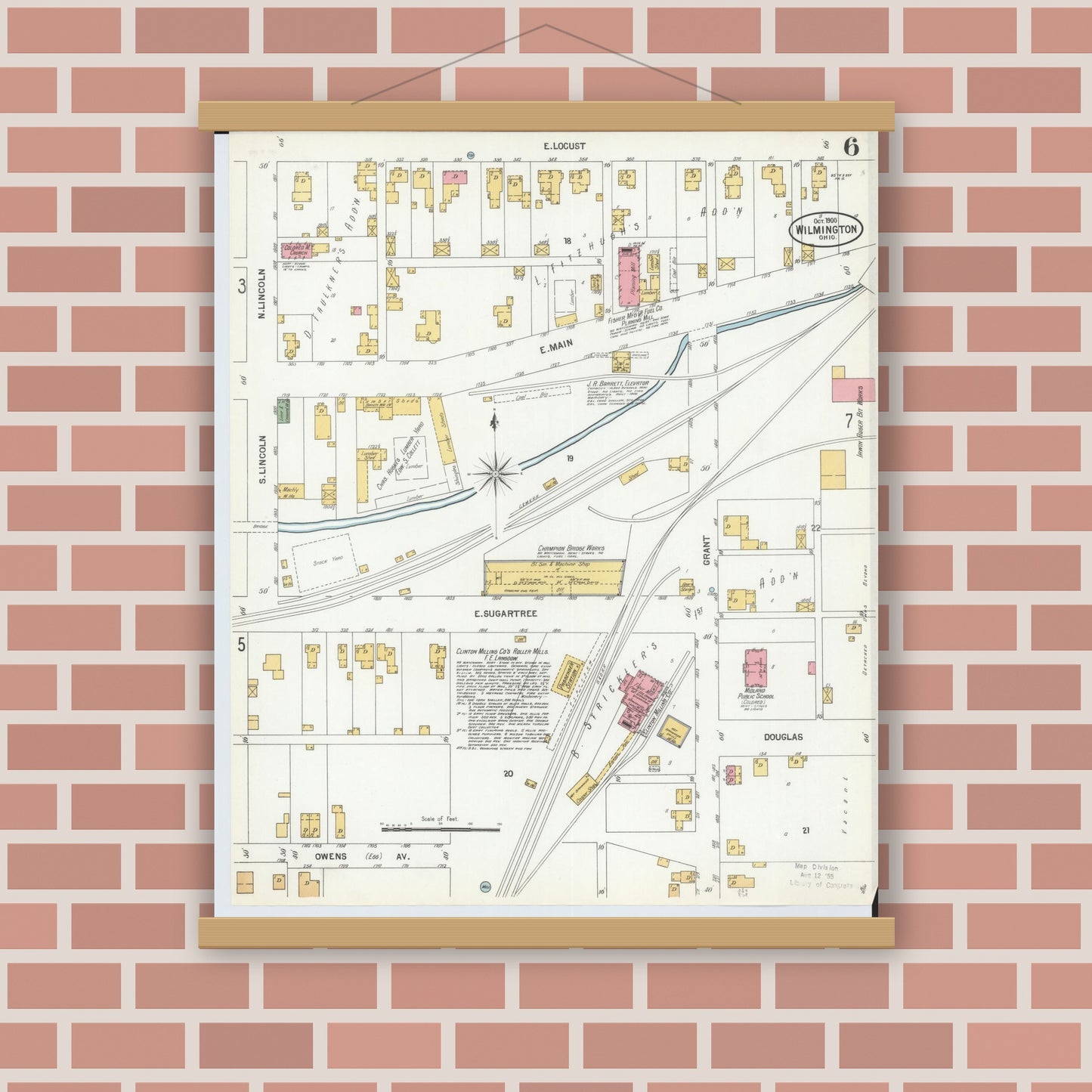Old map wall art mockup — magnetic wood frame on brick wall — Sanborn Fire Insurance Map from Wilmington, Clinton County, Ohio (1900), Sheet #0006