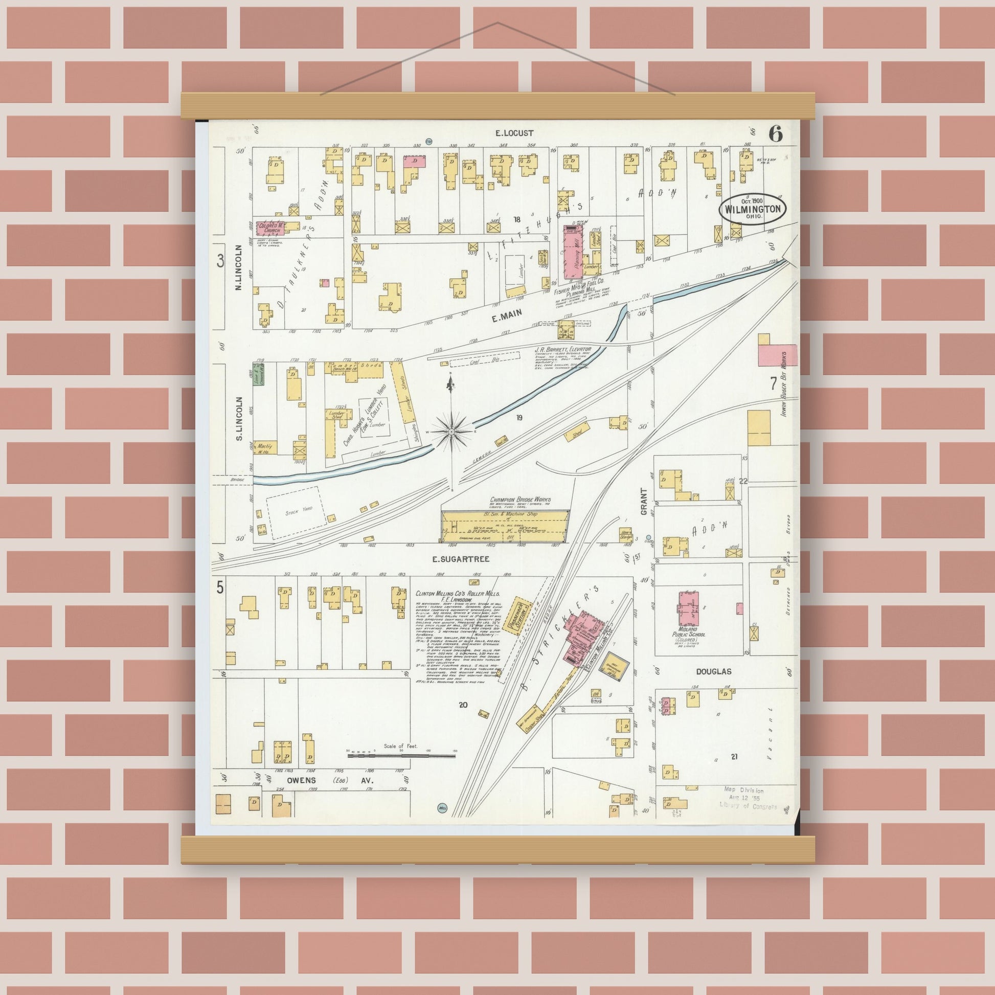 Old map wall art mockup — magnetic wood frame on brick wall — Sanborn Fire Insurance Map from Wilmington, Clinton County, Ohio (1900), Sheet #0006