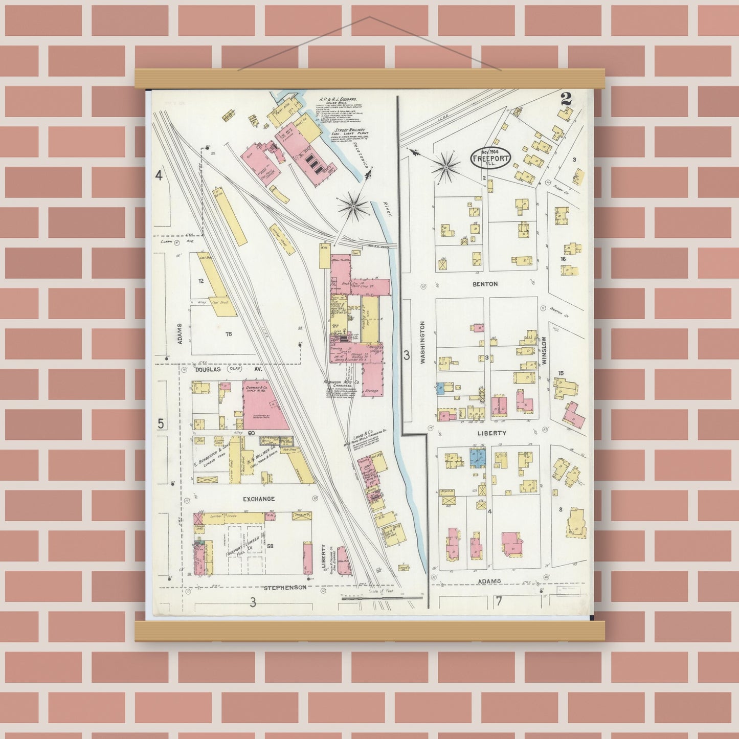 Old map wall art mockup — magnetic wood frame on brick wall — Sanborn Fire Insurance Map from Freeport, Stephenson County, Illinois (1904), Sheet #0002