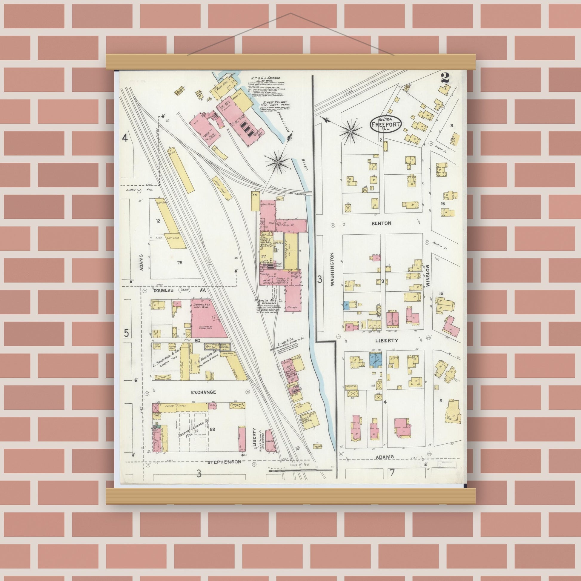 Old map wall art mockup — magnetic wood frame on brick wall — Sanborn Fire Insurance Map from Freeport, Stephenson County, Illinois (1904), Sheet #0002