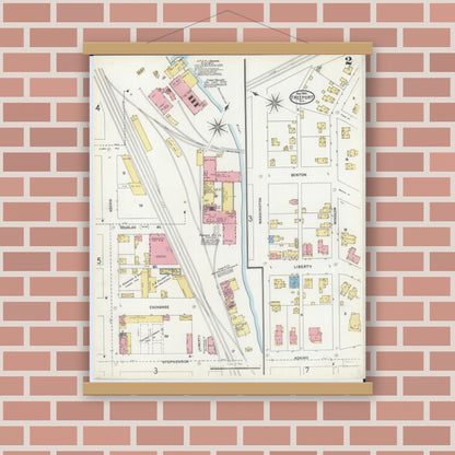 Old map wall art mockup — magnetic wood frame on brick wall — Sanborn Fire Insurance Map from Freeport, Stephenson County, Illinois (1904), Sheet #0002