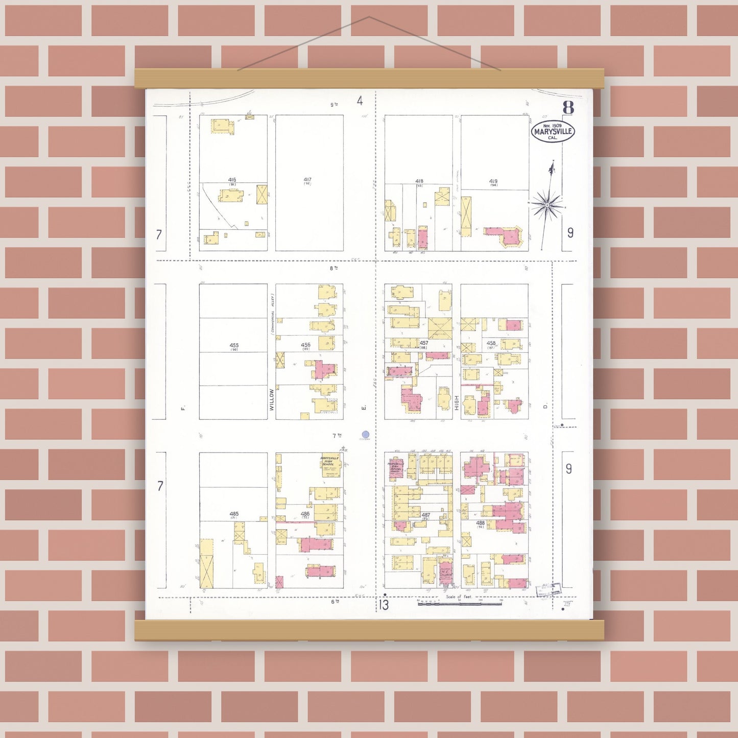 Old map wall art mockup — magnetic wood frame on brick wall — Sanborn Fire Insurance Map from Marysville, Yuba County, California (1909), Sheet #0008