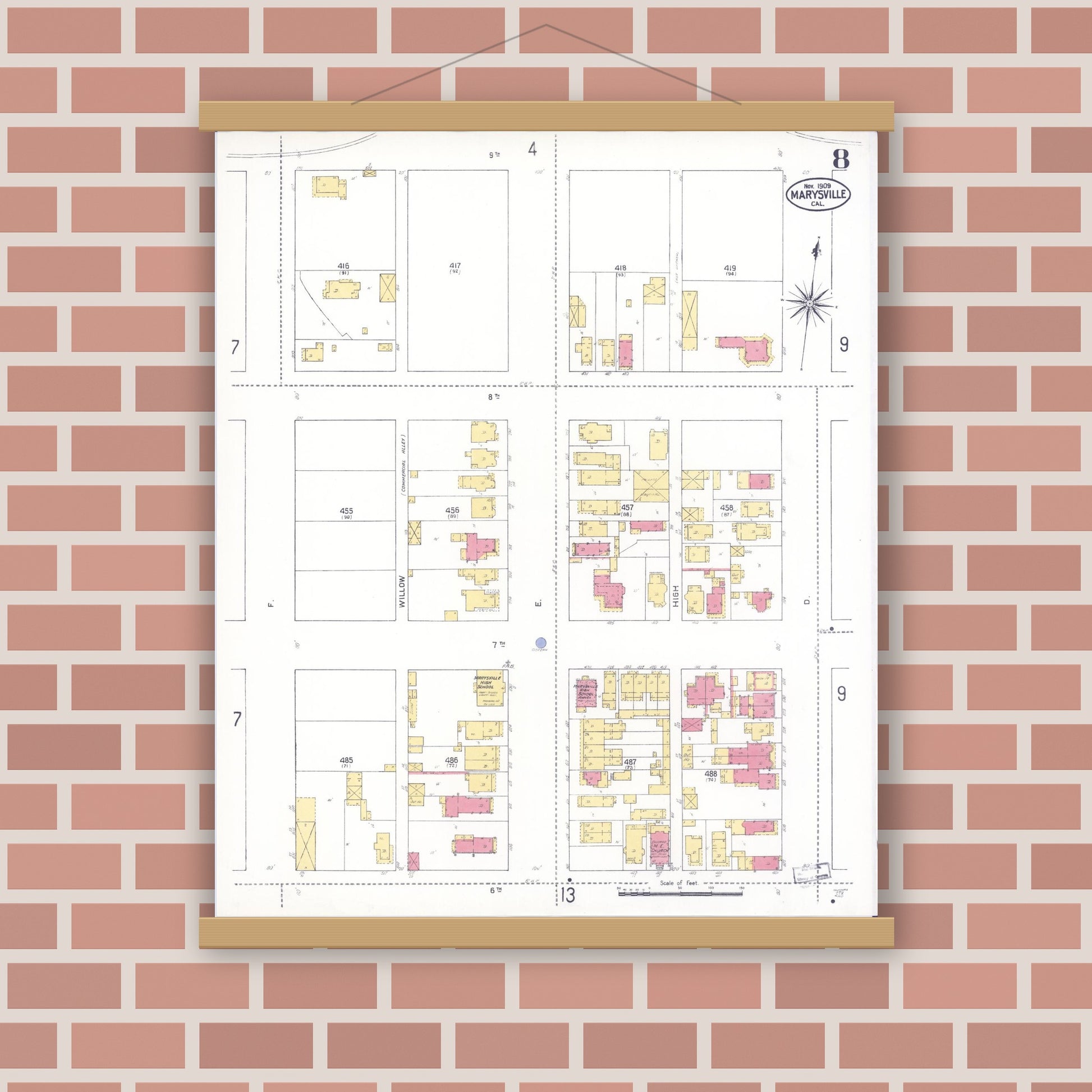 Old map wall art mockup — magnetic wood frame on brick wall — Sanborn Fire Insurance Map from Marysville, Yuba County, California (1909), Sheet #0008