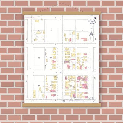 Old map wall art mockup — magnetic wood frame on brick wall — Sanborn Fire Insurance Map from Marysville, Yuba County, California (1909), Sheet #0008