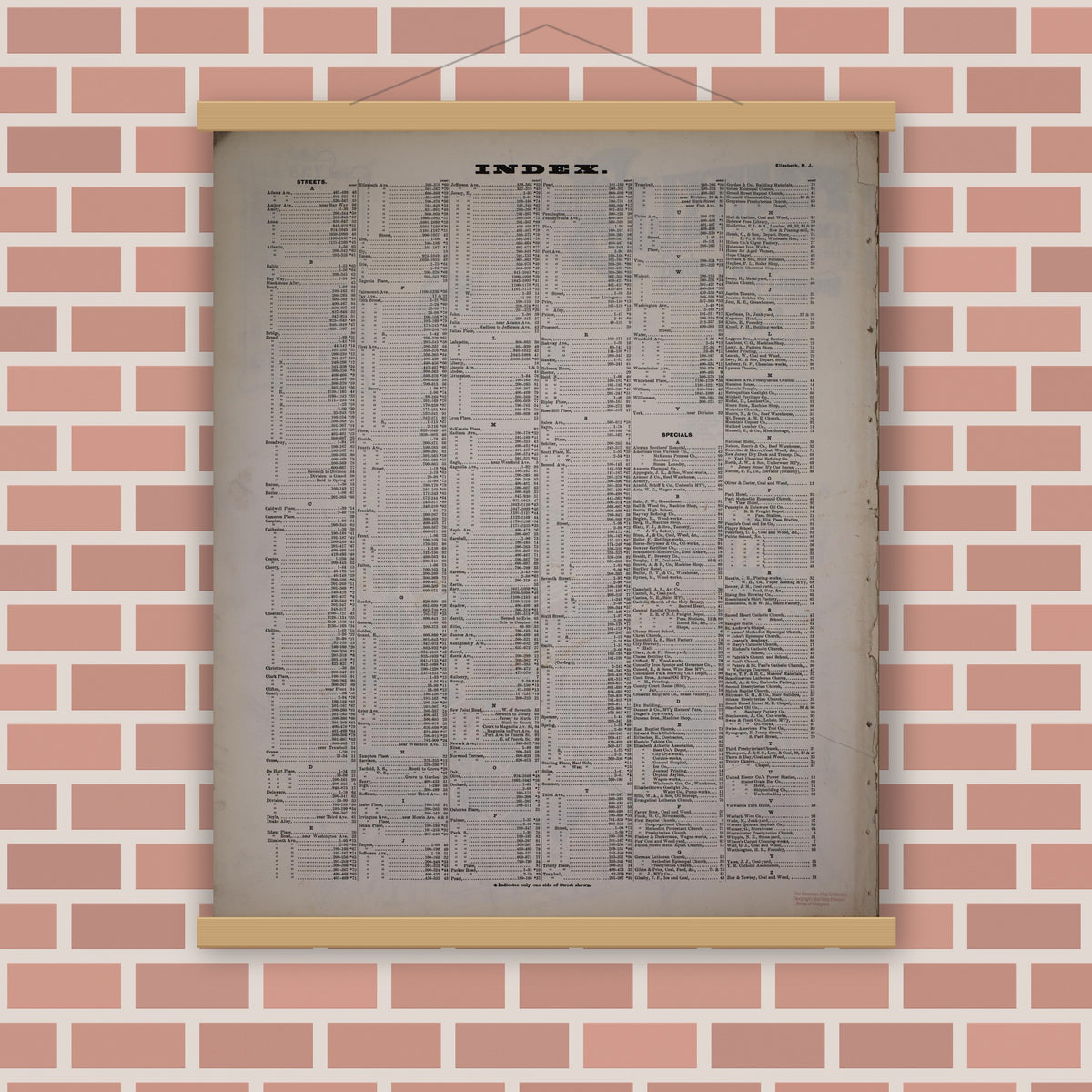 Old map wall art mockup — magnetic wood frame on brick wall — Sanborn Fire Insurance Map from Elizabeth, Union County, New Jersey (1903), Sheet #0001