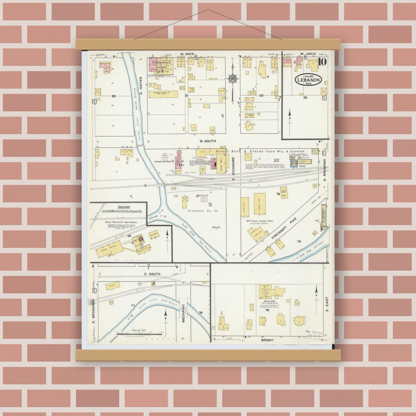 Old map wall art mockup — magnetic wood frame on brick wall — Sanborn Fire Insurance Map from Lebanon, Warren County, Ohio (1917), Sheet #0010