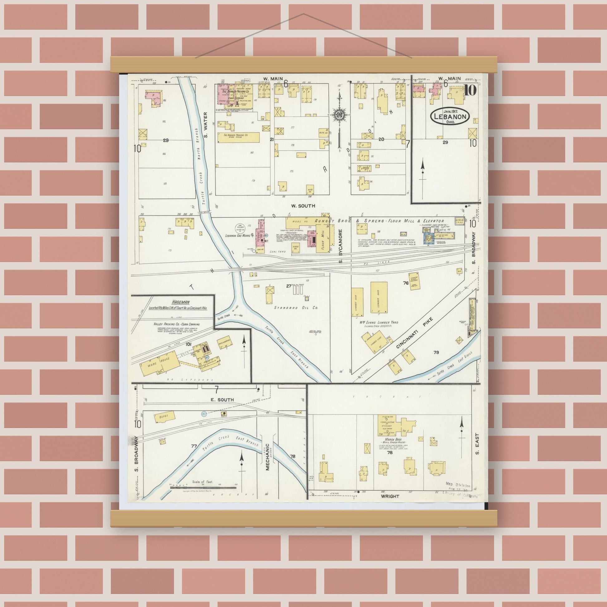 Old map wall art mockup — magnetic wood frame on brick wall — Sanborn Fire Insurance Map from Lebanon, Warren County, Ohio (1917), Sheet #0010